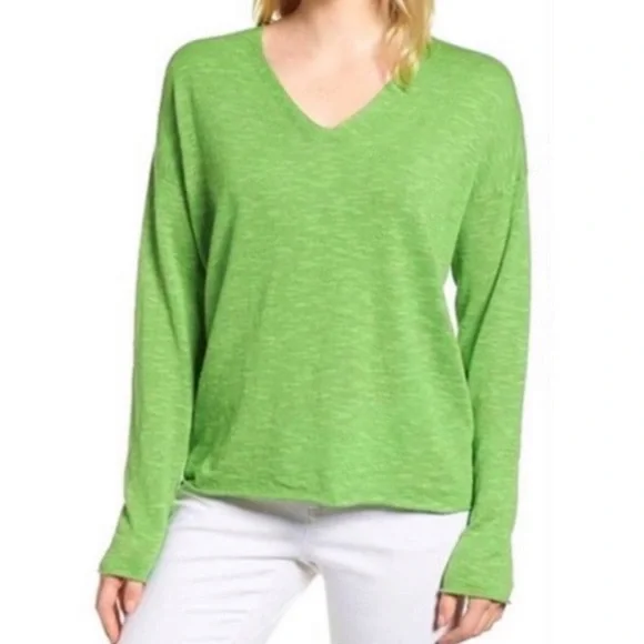 Eileen Fisher Linen Top V-Neck Long Sleeve Knit Classic Pullover Green Sz 1X - Picture 4 of 7